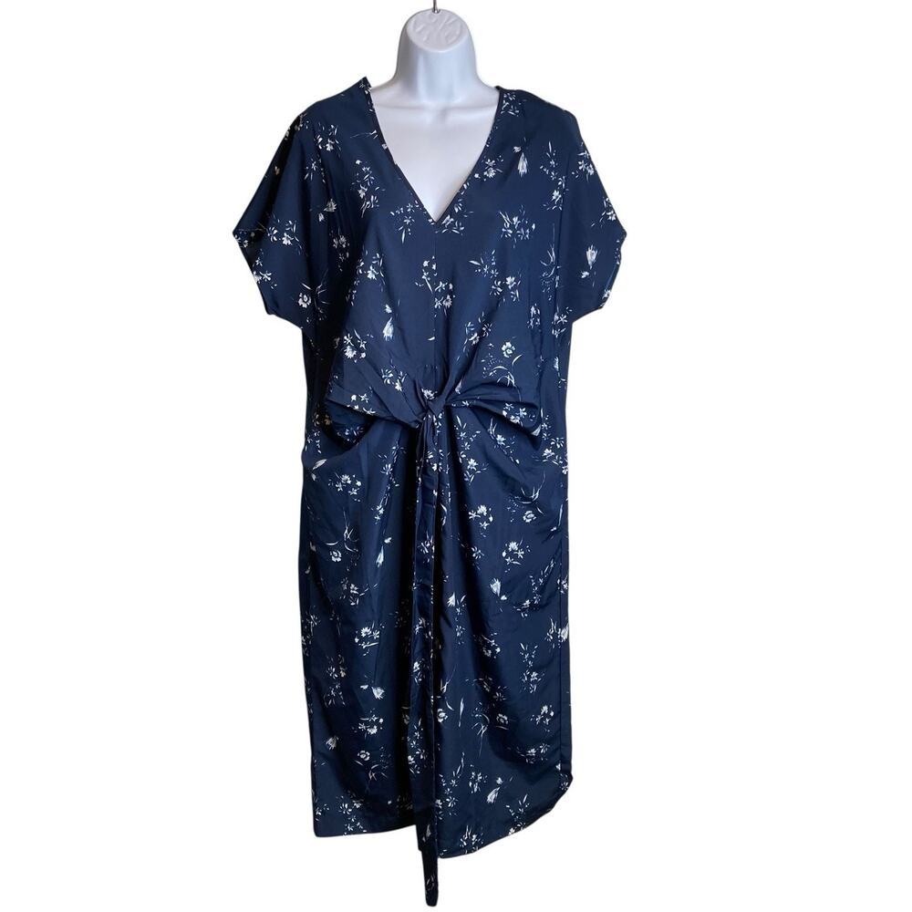 Oak + Fort Women's Navy Blue Floral Tie Front V Neck Dress Size L Cottagecore